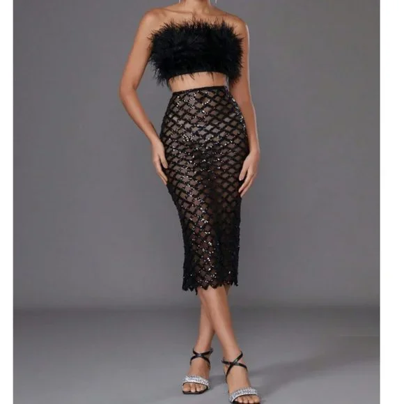 Black fuzzy Feather Trim Crop Tube Top & Sexy Sequin Pencil Skirt - Picture 5 of 9